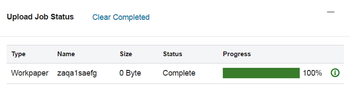 Screen capture showing the pop-up Upload Job Status.